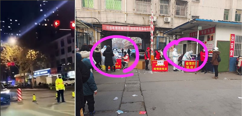 左图:河南禹州十个区域划入封控区,禁止居民外出、车辆通行。(视频截图); 右图:禹州市内疫情防控指挥部设立的核酸筛查点。(网络图片)