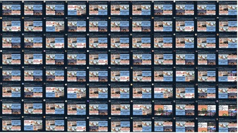 假帐号大军常在同一天、重复使用相同话题标签、文字、影片传发,达到社媒的回声室效果。(Centre for Information Resilience)