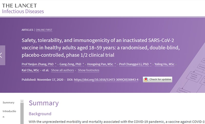 国际医学杂志《柳叶刀》最近刊登的一篇有关中国新冠疫苗的文章标题（柳叶刀）