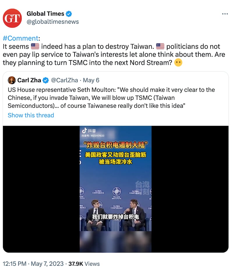 《环球时报》英文版推特帐号5月7日转发抖音短视频,标题写着“美国政客又动毁台歪脑筋,被当场泼冷水”。