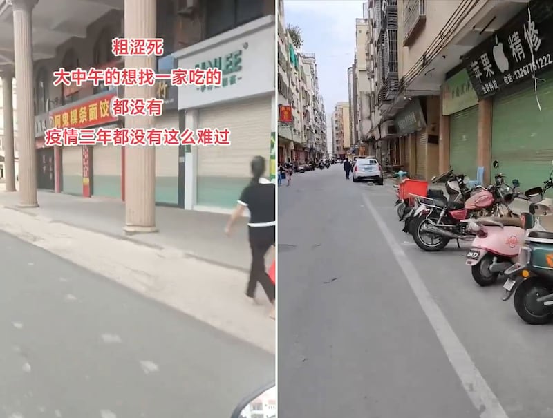 左:潮州和汕头的商店纷纷拉起铁门,街道上冷冷清清。(视频截图/记者乾朗提供) 右:潮汕地区有商户说:“这不是主动停业,而是被逼的。”(视频截图/记者乾朗提供)
