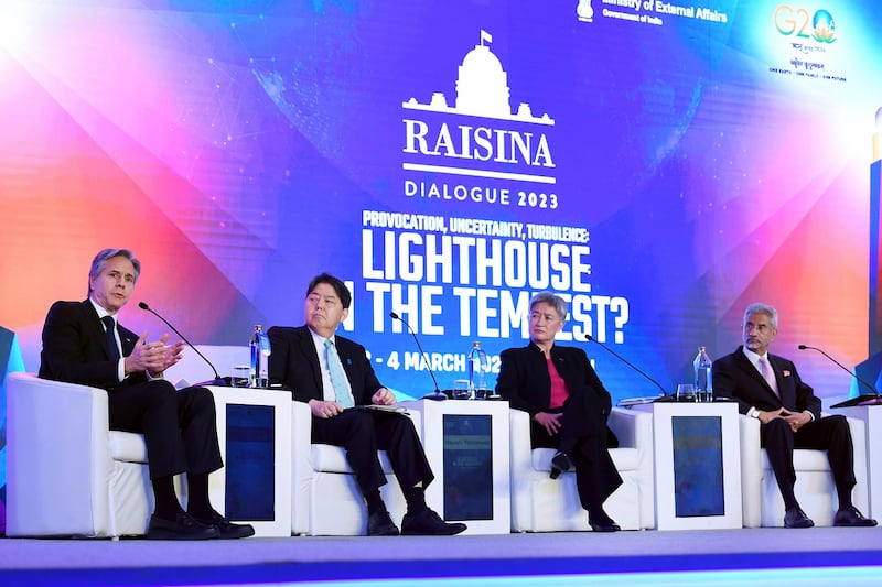 美、日、澳、印四国外长2023年3月3日在印度新德里相聚"四方安全对话"(美联社)