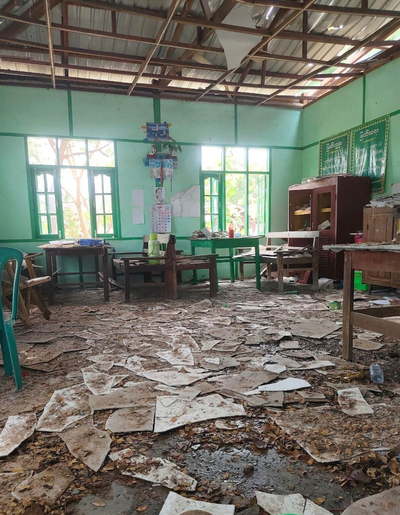 A school destroyed by a junta bombing at Oe Htein Kwin village in Tabayin township in Sagaing, May 12, 2025.