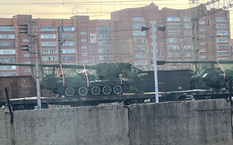 Screenshot of a photo posted on X that reportedly shows a North Korean artillery system spotted in Russia.