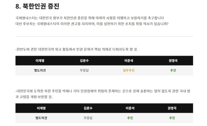 국제앰네스티는 29일 북한 인권 관련 질의에 대한 한국 대통령 후보들의 답변 내용을 공개했습니다.