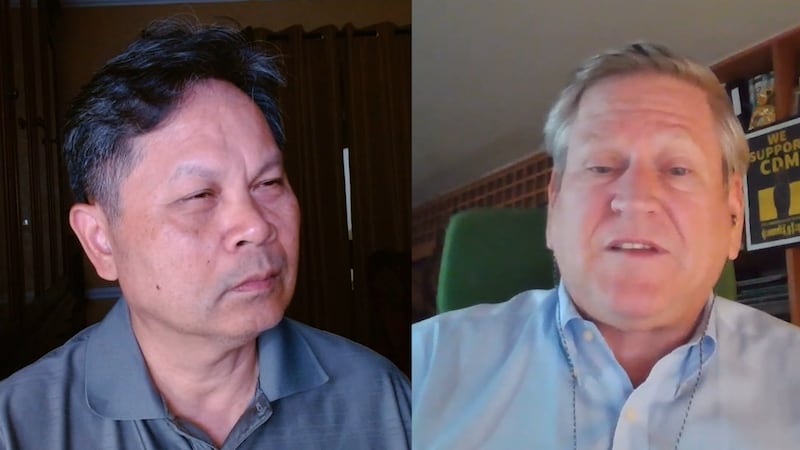 RFA Khmer service director Poly Sam, left, and human rights and labor activist Phil Robertson.