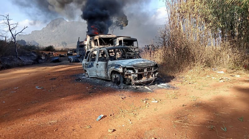 Destroyed vehicles in Kayah state's Hpruso township, Dec. 24, 2021. Karenni Nationalities Defense Force