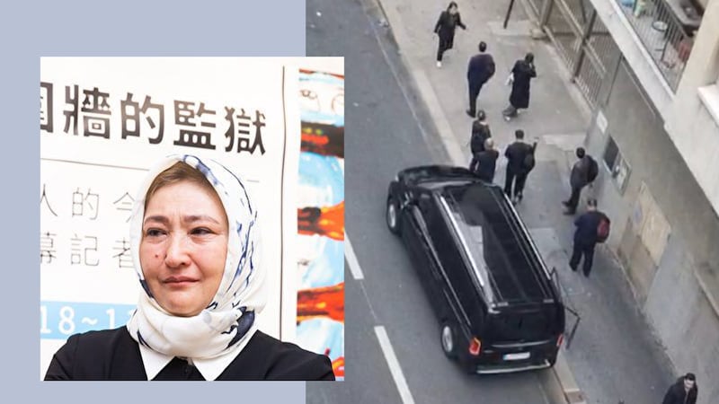 5月8日，習近平訪法結束後隔天，新疆集中營見證人古力巴哈遭到10多名黑衣男子的遣返威脅。（歐洲維吾爾學院主席迪麗努爾X圖）