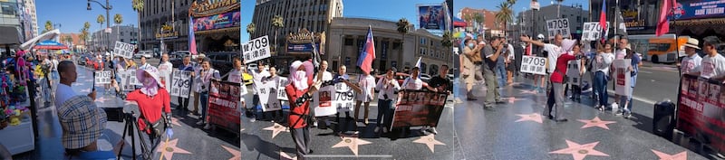 在美中国异议人士界立建指控,2023年9月在好莱坞前举办纪念709律师七周年活动遭遇骚扰。(界立建提供)