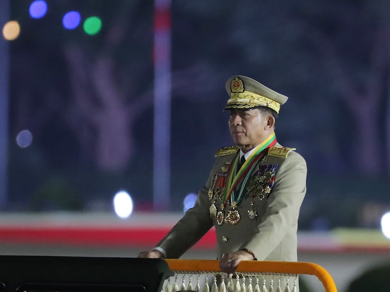 Myanmar Senior Gen. Min Aung Hlaing, inspects officers during a parade to commemorate Myanmar's 79th Armed Forces Day, in Naypyitaw, Myanmar, March 27, 2024.